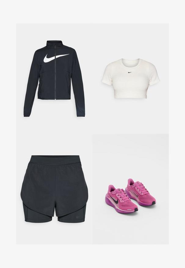 Must musta täispikk vary hoodie kõrge krae, pikad varrukad ja suur valge Nike swooshi logo rinnal.; Lühikeste varrukatega ja ümmarguse kaelusega lühikeste ülevalt lõigatud valge T-särk, mis on valmistatud soonikkoest; rinnal on väike must Nike'i logo.; Mustad musta sportlikud lühikesed püksid kihilise disainiga, millel on sile välimine kiht ja istuvad sisepüksid. Valmistatud kergest, venivast kangast.; Roosa sportlikud jalanõud, millel on võrgusilma ülemine osa, must Nike'i logo, pehmendatud krae ja polsterdatud tallad. Omab peegeldavaid aktsente ja paelu.