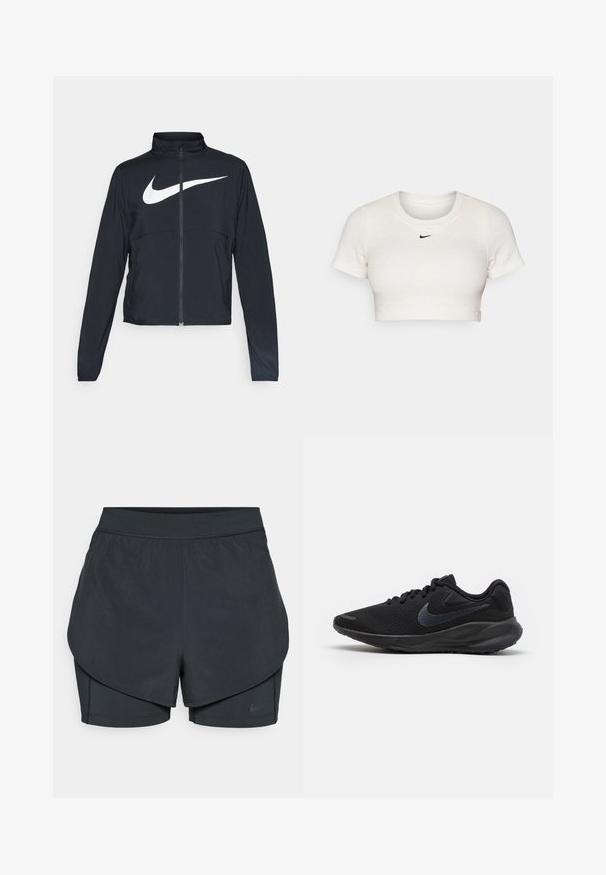 Veste de sport noire zippée sur toute la longueur avec un col haut, des manches longues et un grand logo Nike swoosh blanc sur la poitrine.; T-shirt blanc court en tissu côtelé avec des manches courtes et un col rond ; présente un petit logo Nike noir sur la poitrine.; Shorts de sport noirs avec un design superposé, présentant une couche extérieure lisse et des shorts intérieurs ajustés. Fabriqués en tissu léger et extensible.; Chaussure de course noire avec une tige en mesh respirant, des accents texturés, des lacets plats et une semelle en caoutchouc solide présentant un léger rehaussement au talon.