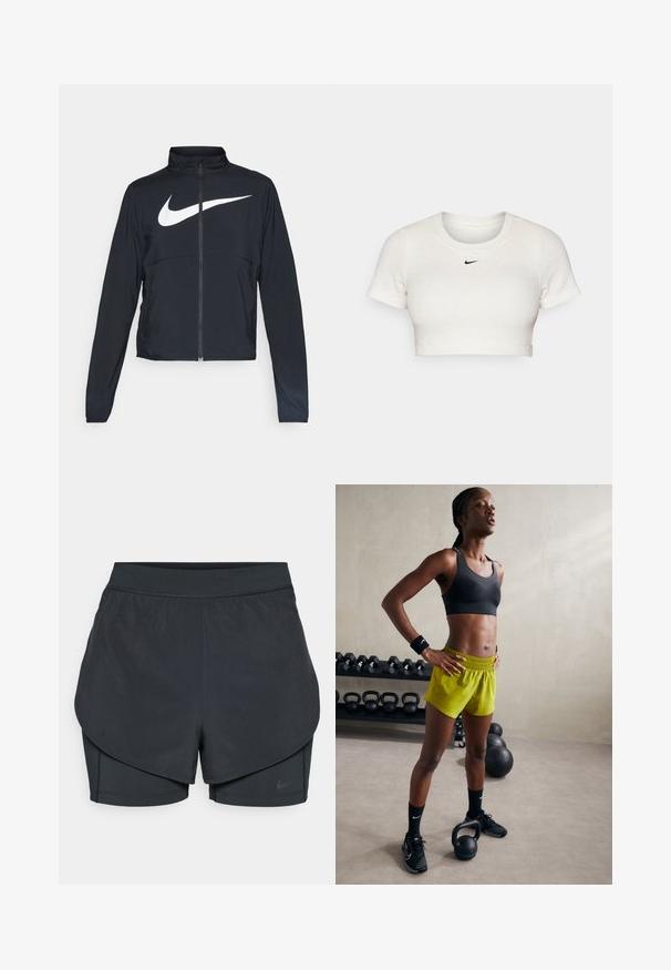 Must musta täispikk vary hoodie kõrge krae, pikad varrukad ja suur valge Nike swooshi logo rinnal.; Lühikeste varrukatega ja ümmarguse kaelusega lühikeste ülevalt lõigatud valge T-särk, mis on valmistatud soonikkoest; rinnal on väike must Nike'i logo.; Mustad musta sportlikud lühikesed püksid kihilise disainiga, millel on sile välimine kiht ja istuvad sisepüksid. Valmistatud kergest, venivast kangast.; Must mustamine, erkkrohe kollased lühikesed püksid elastse vöökoha ja mustad sportlikud jalanõud, käepaeltega, seistes kettlebellide kõrval.