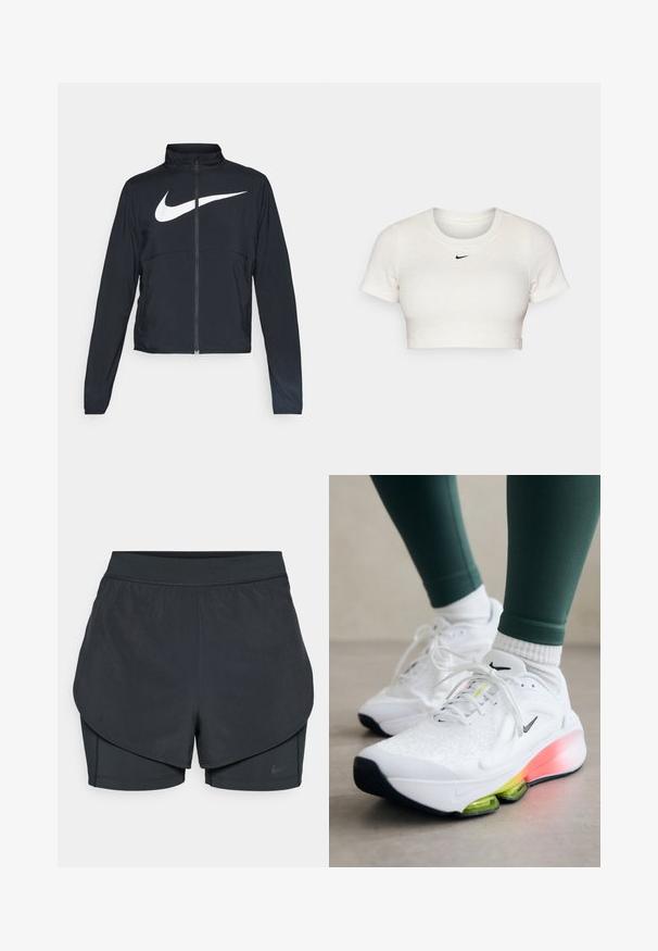 Must musta täispikk vary hoodie kõrge krae, pikad varrukad ja suur valge Nike swooshi logo rinnal.; Lühikeste varrukatega ja ümmarguse kaelusega lühikeste ülevalt lõigatud valge T-särk, mis on valmistatud soonikkoest; rinnal on väike must Nike'i logo.; Mustad musta sportlikud lühikesed püksid kihilise disainiga, millel on sile välimine kiht ja istuvad sisepüksid. Valmistatud kergest, venivast kangast.; Nike Performance VERSAIR - Treeningjalatsid - white/cyber volt/black