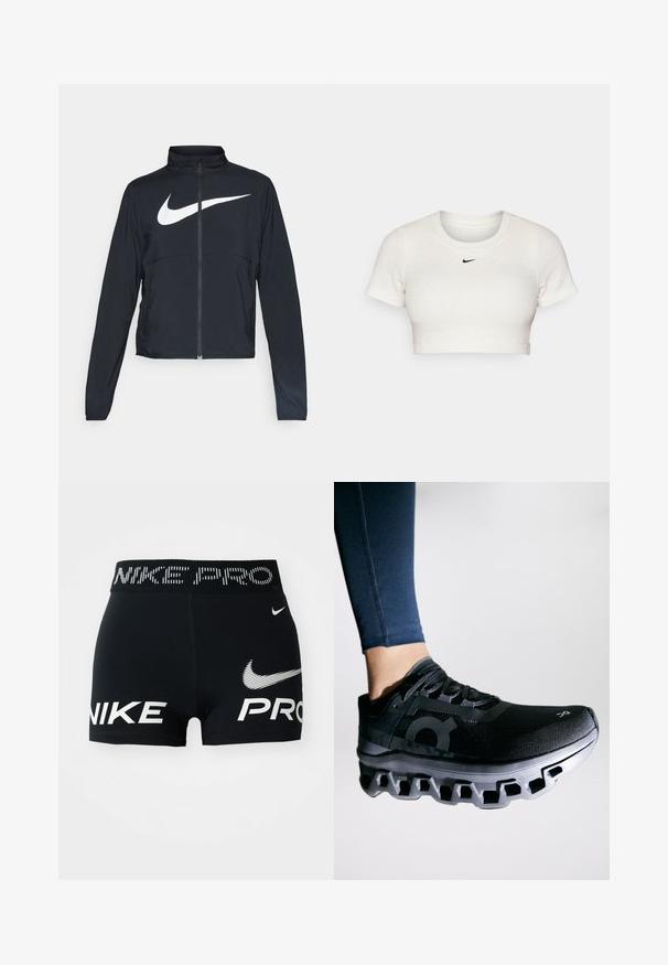 Čierna športová bunda na zips s vysokým golierom, dlhými rukávmi a veľkým bielym logom Nike na hrudi.; Zkrátené bílé tričko vyrobené z žebrované látky s krátkými rukávy a kulatým výstřihem; na hrudi se nachází malé černé logo Nike.; Čierne športové šortky Nike Pro s bielymi logami a textom Nike na páske a prednej strane.; Čierna bežecká topánka s textúrovaným zvrškom a výrazným medzipodrážkou s jedinečným segmentovaným dizajnom. Doplnená logom na boku.