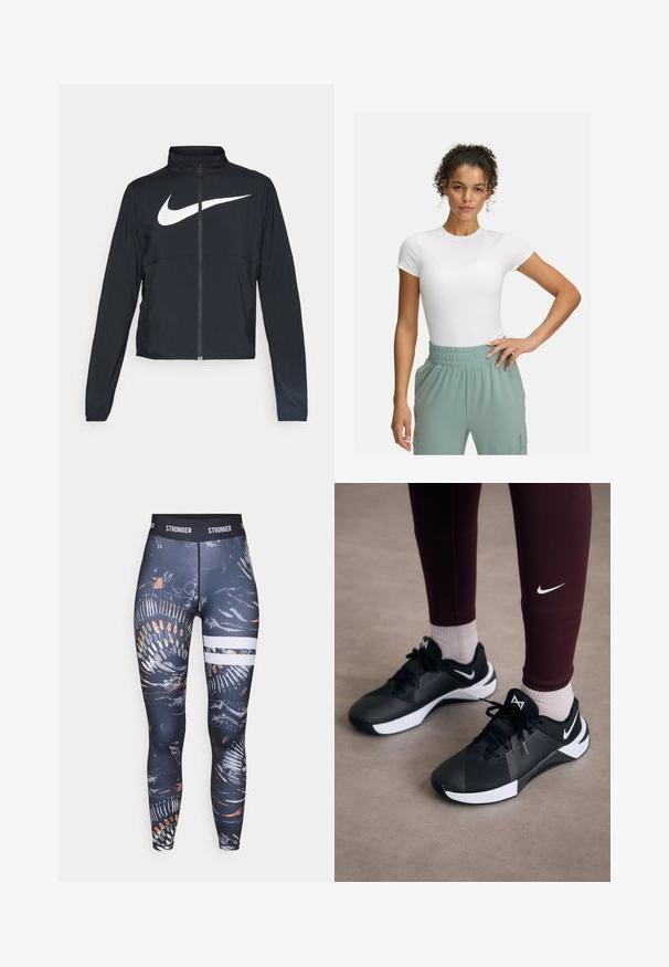 Černá sportovní bunda na zip s vysokým límcem, dlouhými rukávy a velkým bílým logem Nike swoosh přes prsa.; Bílá přiléhavá trička s krátkým rukávem, spárované se světlými zelenými kalhotami s elastickým pasem. Hladká textura, minimalistický design a žádné viditelné vzory.; Vysoké legíny vyrobené z elastického materiálu, s tmavým abstraktním vzorem a barevnými akcenty a bílými horizontálními pruhy.; Černé sportovní boty s texturovaným svrškem a bílými akcenty, s tkaničkami a božím logem. Nosené s vínovými legínami a světlými ponožkami.