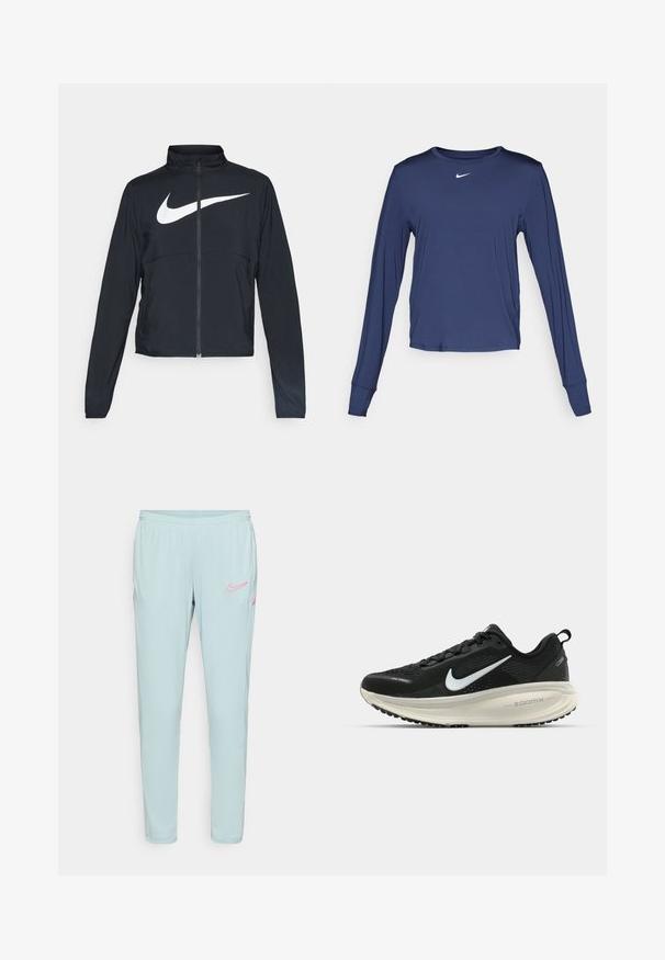 Čierna športová bunda na zips s vysokým golierom, dlhými rukávmi a veľkým bielym logom Nike na hrudi.; Námornícky dlhý rukáv športová košeľa vyrobená z ľahkého materiálu, s okrúhlym výstrihom a malým bielym logom na hrudníku.; Svetlo modré Nike tepláky s hladkým povrchom, elastickým pásom a ružovými logovými akcentmi na ľavom stehne a vreckách.; Čierne bežecké topánky Nike s priedušnou sieťovinou, bielym logom s symbolom swoosh, textúrovanými detailmi a krémovou ZoomX medzipodrážkou.