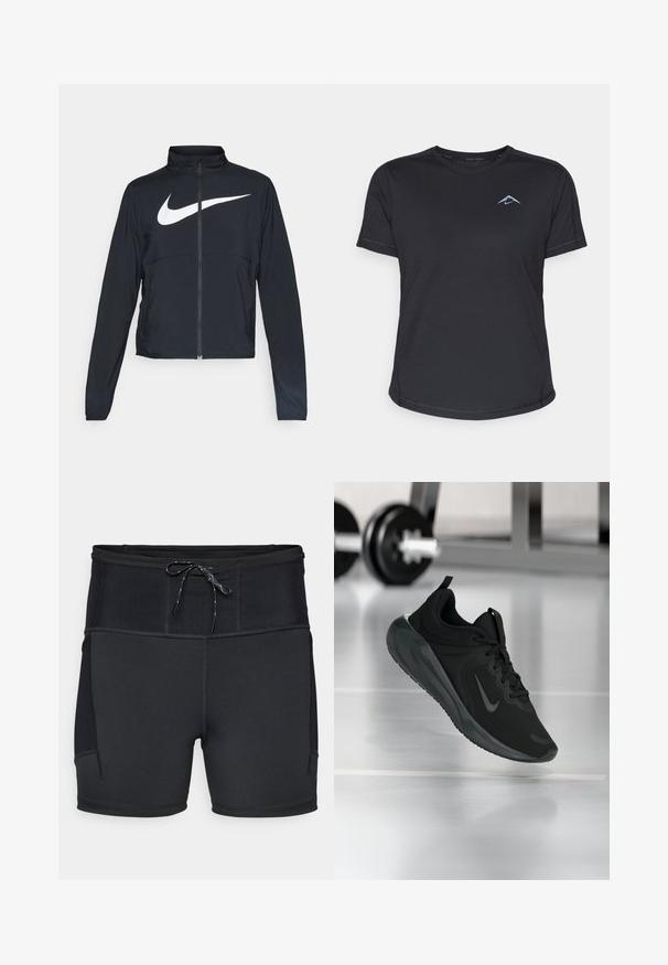 Jachetă sport neagră cu fermoar pe toată lungimea, guler înalt, mâneci lungi și un logo mare alb Nike swoosh pe piept.; Cămașă sport neagră cu mânecă scurtă, cu guler rotund, dintr-un material neted și cu un logo albastru reflectorizant pe pieptul stâng. Detalii cusute de-a lungul cusăturilor.; Pantaloni scurți atletici negri cu talie înaltă, panou superior texturat și șnur de ajustare. Prezintă cusături plate și buzunare laterale.; Tenisii sport negru cu logo-ul Nike, arătați în aer deasupra podelei de sală de sport, cu un suport pentru haltere neclar în fundal.