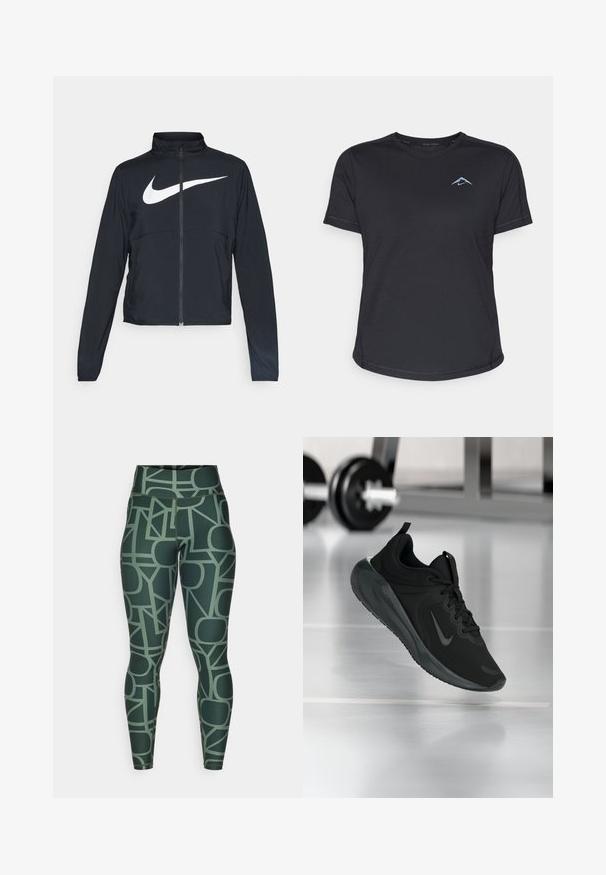 Musta urheilutakki, jossa on täysivetoketju, korkea kaulus, pitkät hihat ja suuri valkoinen Nike-tikkauksella rintaosa.; Musta lyhythihainen urheilupaita, jossa on pyöreä kaula-aukko, sileä kangas ja heijastava sininen logo vasemmassa rinnassa. Ompeleet reunassa.; Vihreät korkeavyötäröiset legginsit, joissa on geometrinen kuvio hillityissä sävyissä. Valmistettu joustavasta, sileästä kankaasta, joka myötäilee vartalon muotoja.; Musta urheilusneekeri, jossa on Nike-logo, esitetty ilmassa kuntosalilattialla, taustalla sumea käsipainohylly.