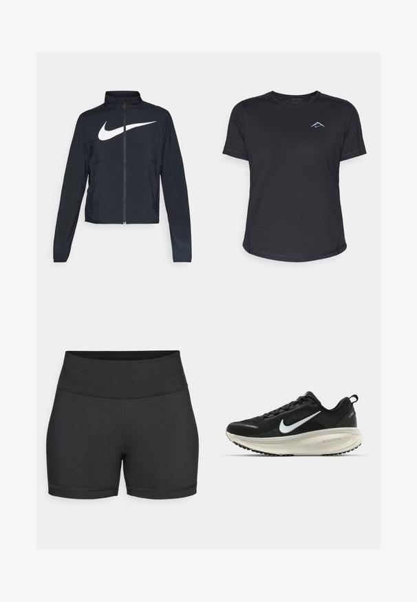 Giacca sportiva nera con zip completa, colletto alto, maniche lunghe e grande logo swoosh bianco Nike sul petto.; Maglietta atletica nera a maniche corte con collo rotondo, tessuto liscio e logo blu riflettente sul lato sinistro del petto. Dettagli cuciti lungo le cuciture.; Pantaloni sportivi neri realizzati in tessuto elastico, con una vita alta, cuciture piatte e una texture liscia senza motivi visibili.; Scarpa da corsa nera Nike con tomaia in rete traspirante, logo Swoosh bianco, dettagli testurizzati e intersuola ZoomX di colore crema.