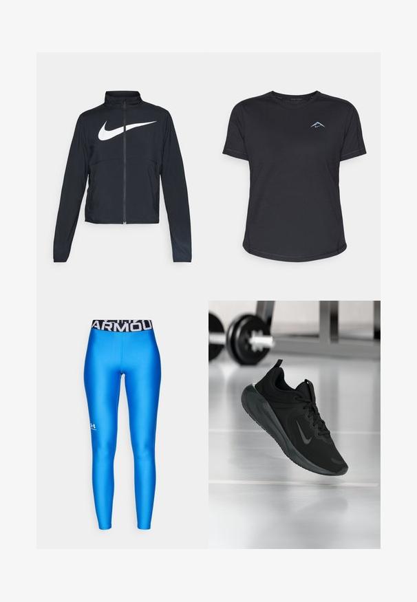 Must musta täispikk vary hoodie kõrge krae, pikad varrukad ja suur valge Nike swooshi logo rinnal.; Must muströngiga lühikeste varrukatega sportpoliis, ümmargune kaelus, sile kangas ja peegelduv sinine logo vasakul rinnal. Õmbluste äärtes on tõmblused.; Sinised spordileggingud, millel on sujuv ja läikiv tekstuur; must kummipael, millel on valge "ARMOUR" logo. Logod alumisel säärel.; Mustad mustang spordijalatsid Nike logo'ga, õhus spordisaali põrandal, häguste hantlite riiulitega taustal.