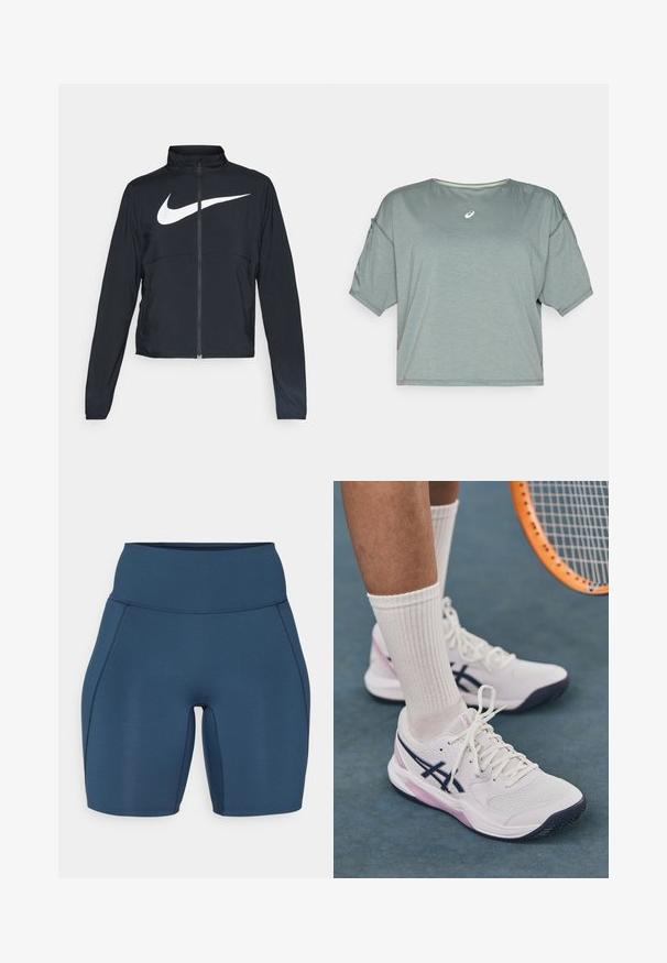 Czarna bluza sportowa na zamek błyskawiczny z wysokim kołnierzem, długimi rękawami i dużym białym logo Nike na klatce piersiowej.; ASICS NAGINO RUN niebieski; Ciemnoniebieskie spodenki do ćwiczeń z wysokim stanem, gładką teksturą i płaskimi szwami. Charakteryzują się dopasowanym krojem, który sięga do połowy uda.; Białe tenisówki z teksturowaną cholewką, ciemnoniebieskimi akcentami i jasnoróżową podeszwą. Noszone z prążkowanymi białymi skarpetkami.