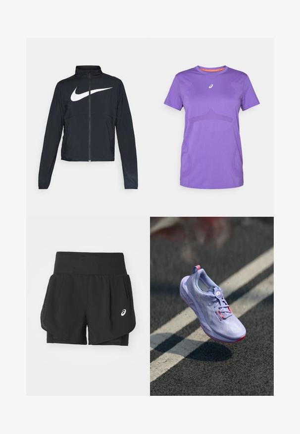Čierna športová bunda na zips s vysokým golierom, dlhými rukávmi a veľkým bielym logom Nike na hrudi.; Fialové športové tričko vyrobené z priedušného materiálu. Má okrúhly výstrih, krátke rukávy a diskrétny tónový vzor na prednej strane.; Čierne atletické šortky s priedušným sieťovaným povrchom, vnútorné šortky s hladkou textúrou a bielym logom na ľavej strane.; Svetlofialová bežecká obuv s textúrovaným zvrškom, s ružovými akcentmi, okrúhlym systémom šnurovania a škvrnitou podrážkou, vystúpená nad pozadím z betónového chodníka.