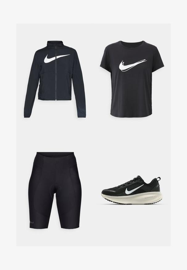 Svart joggebund med hel glidelås, høy krage, lange ermer og stort hvitt Nike swoosh-logo over brystet.; Svarte kortermede t-skjorter laget av glatt stoff, med en fremtredende hvit Nike swoosh-logo over brystet. Enkelt, rundt utringning.; Sorte sykkelshorts laget av elastisk materiale, med polstret innlegg, elastisk midje og glatte sømmer for en strømlinjeformet passform.; Svart Nike løpesko med pustende mesh-overdel, hvit swoosh-logo, teksturert detaljer og en kremfarget ZoomX mellomsåle.