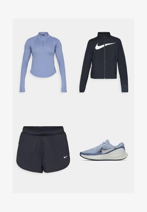 Crna sportska jakna s punim patentnim zatvaračem, visokim ovratnikom, dugim rukavima i velikim bijelim Nike swoosh logom preko grudi.; Svijetloplava majica dugih rukava sa zipom, napravljena od glatkog, rastezljivog materijala. Ima visoki ovratnik i mali logotip s lijeve strane prsnog koša.; Crne atletske kratke hlače napravljene od laganog, prozračnog materijala. Imaju elastičnu traku u struku i bijeli Nike logo na donjoj desnoj strani.; Svijetloplave i bijele Nike tenisice za trčanje sa srebrnim swoosh logotipom, prozračnim mrežastim gornjištem, udobnim potplatom i crnim uzorkom na potplatu.
