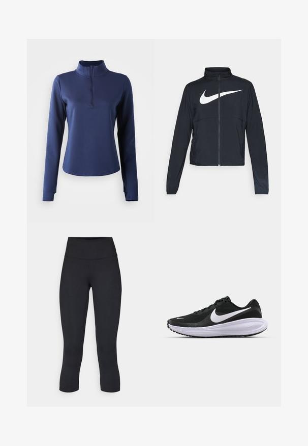 Črna športna jakna z polnim zadrgo, visokim ovratnikom, dolgimi rokavi in velikim belim logotipom Nike swoosh čez prsi.; Mornarsko modra majica z dolgimi rokavi in visokim ovratnikom ter četrtim zadrgo. Gladka tekstura, prilegajoča zasnova in šivni detajli okoli vratu.; Črne skrajšane legice iz raztegljive tkanine, z visokim pasom in gladko teksturo, brez vidnih vzorcev ali kovinskih delov.; Črne atletske čevlje z teksturiranim mrežastim zgornjim delom, belim logotipom Swoosh, oblazinjenim ovratnikom in debelim, oblazinjenim belem podplatu. Guma podplat.