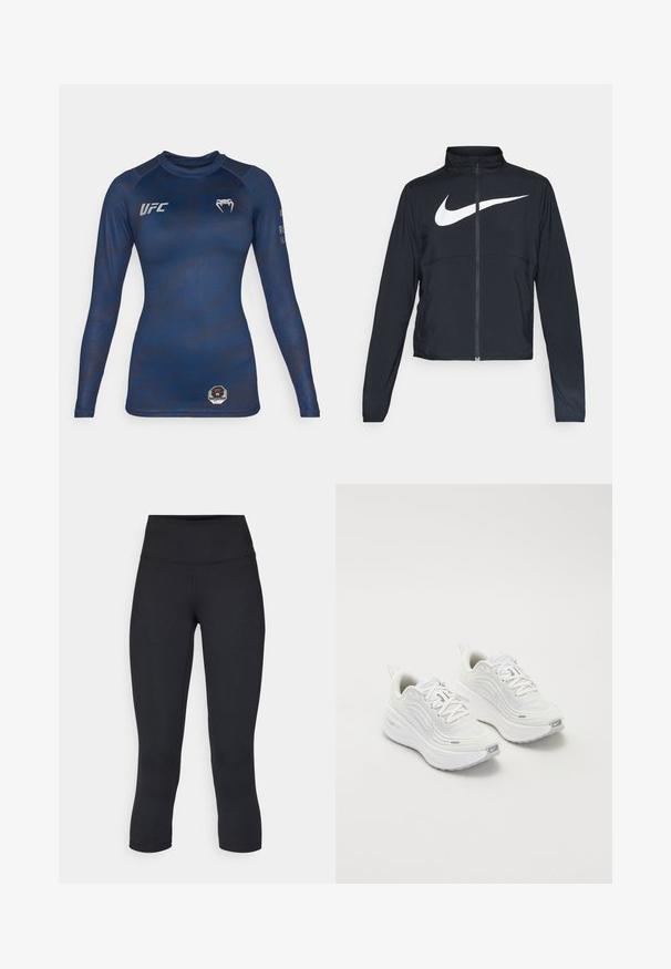 Svart joggebund med hel glidelås, høy krage, lange ermer og stort hvitt Nike swoosh-logo over brystet.; Marin langermet rash guard laget av glatt stoff, med et subtilt mønster, UFC-logo på brystet og en åttkantet lapp på livet.; Sorte, cropped leggings laget av elastisk stoff, med høy midje og glatt tekstur, uten synlige mønstre eller detaljer.; Hvite joggesko med et teksturert mesh-overdel, polstret såle og subtile grå aksenter. Inkluderer merkevare og løkke på hælen for enkel påkledning.