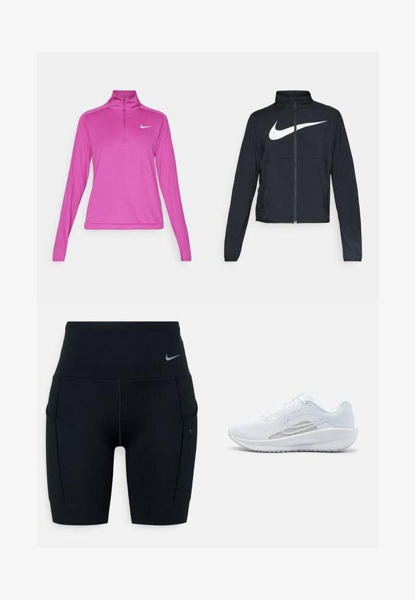 Must musta täispikk vary hoodie kõrge krae, pikad varrukad ja suur valge Nike swooshi logo rinnal.; Nike Performance DRI-FIT PACER - Pikkade varrukatega topp - hot fuchsia; Mustad kõrge vöökohaga sportlikud lühikesed püksid, valmistatud venivast materjalist; külgedel on taskud ja vööl väike Nike logo.; Valge sportlik king, millel on võrgusilmast ülemine osa, ümar varvas ja tekstureeritud tallad. Omab hõbedast Nike logo ja minimalistikku disaini.