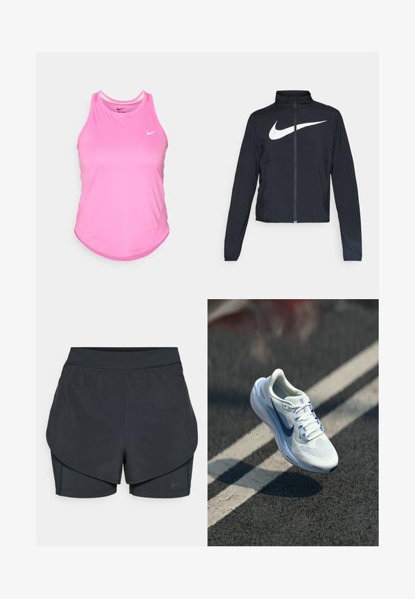 Giacca sportiva nera con zip completa, colletto alto, maniche lunghe e grande logo swoosh bianco Nike sul petto.; Canotta atletica rosa con orlo arrotondato, realizzata in tessuto morbido e leggero; presenta un piccolo logo Nike bianco sulla parte anteriore.; Shorts sportivi neri con un design a strati, caratterizzati da uno strato esterno morbido e da pantaloni interni aderenti. Realizzati in tessuto leggero e elasticizzato.; Scarpa sportiva bianca con tomaia in mesh traspirante e accenti blu. Caratterizzata da una suola ammortizzata e lacci piatti. La soletta mostra il marchio "Air Zoom".