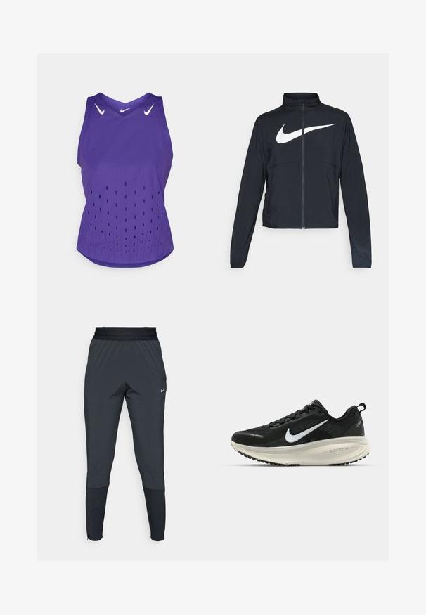 Črna športna jakna z polnim zadrgo, visokim ovratnikom, dolgimi rokavi in velikim belim logotipom Nike swoosh čez prsi.; Vijolična športna majica brez rokavov z V-izrezom, ki vsebuje bele Nike logotipe in perforirane piko vzorce za ventilacijo. Mehka tkanina.; Nike športne hlače v temno sivi barvi, s taperiranim krojem, elastičnim pasom in dodatnimi detajli blizu manšet.; Črne Nike tekaške čevlje z zračno mrežno zgornjim delom, belim logotipom Swoosh, teksturiranimi detajli in smetanasto barvnim srednjim delom ZoomX.
