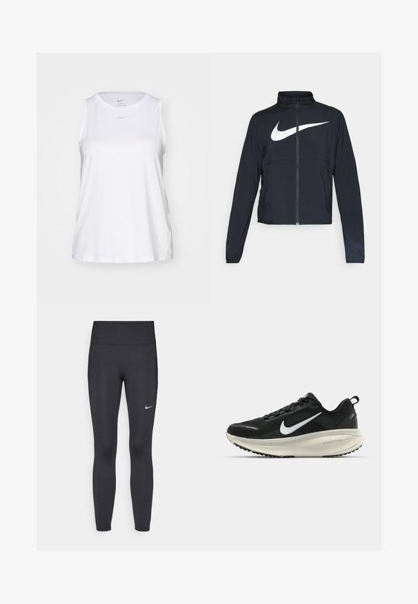 Černá sportovní bunda na zip s vysokým límcem, dlouhými rukávy a velkým bílým logem Nike swoosh přes prsa.; Bílý bezrukávový sportovní top Nike Dri-FIT, s kulatým výstřihem a decentním logem. Vyroben z lehkého, vlhkost odvádějícího materiálu.; Černé legíny vyrobené z elastického materiálu, s vysokým pasem a bílým logem Nike na levém stehně. Hladká textura, přiléhavý střih.; Černá běžecká obuv Nike s prodyšným síťovaným svrškem, bílým logem swoosh, texturovanými detaily a krémovou mezipodešví ZoomX.
