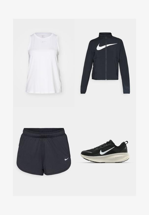 Juodas sportinis džemperis su visiškai užtraukiama užtrauktuku, aukšta apykakle, ilgomis rankovėmis ir dideliu baltu Nike swoosh logotipu per krūtinę.; Baltas Nike Dri-FIT be rankovių sportinis marškinėliai, su apvalia iškirpte ir subtiliu logotipu. Pagaminti iš lengvos, drėgmę sugeriančios medžiagos.; Juodos sportinės šortai, pagaminti iš lengvos, kvėpuojančios medžiagos. Turi elastingą juosmenį ir baltą Nike logotipą apatinėje dešinėje pusėje.; Juodas Nike sportinis batelis su kvėpuojančiu tinklu, baltu swoosh logotipu, tekstūruoto dizaino detalėmis ir grietinėlės spalvos ZoomX viduriu.