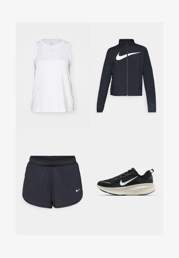 Must musta täispikk vary hoodie kõrge krae, pikad varrukad ja suur valge Nike swooshi logo rinnal.; Valge Nike Dri-FIT ilma varrukateta sporditopp, millel on ümmargune kaelus ja diskreetne logo. Valmistatud kergest, niiskust eemaldavast kangast.; Nike Performance W DF RUN NVLT 2" BR - Spordišortsid - black black; Musthave mustus Nike jooksujalats, millel on hingav võrgust ülemine osa, valge swoosh logo, tekstuuriga detailid ja kreemja värvusega ZoomX vahevöö.