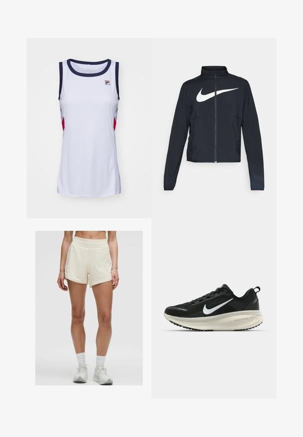 Črna športna jakna z polnim zadrgo, visokim ovratnikom, dolgimi rokavi in velikim belim logotipom Nike swoosh čez prsi.; Bela brezrokavna atletska majica z morsko modrim trimom in rdečimi akcenti. Ima krojen izrez in Fila logo na prsih. Gladek, lahek material.; Kremne barve športne kratke hlače z elastičnim pasom in stranskimi žepi. Tkanina se zdi gladka in lahka, kar je primerno za aktivno nošenje.; Črne Nike tekaške čevlje z zračno mrežno zgornjim delom, belim logotipom Swoosh, teksturiranimi detajli in smetanasto barvnim srednjim delom ZoomX.
