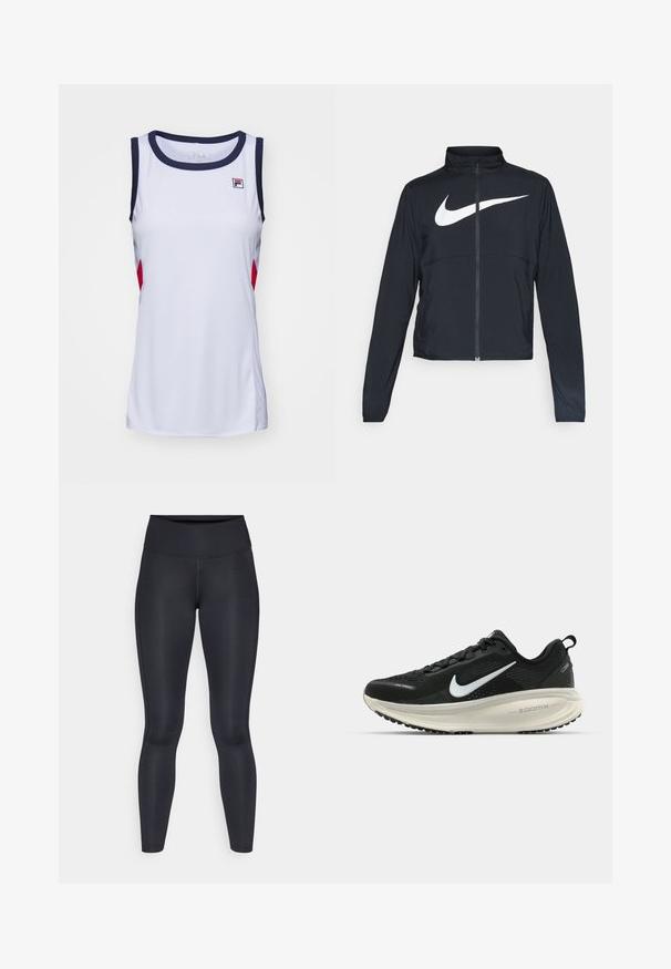 Schwarze Sportjacke mit vollem Reißverschluss, hohem Kragen, langen Ärmeln und großem weißen Nike-Swoosh-Logo auf der Brust.; Weißes ärmelloses Sportoberteil mit marineblauen Besätzen und roten Akzenten. Verfügt über einen Rundhalsausschnitt und das Fila-Logo auf der Brust. Glattes, leichtes Material.; Schwarze Leggings aus glattem, dehnbarem Stoff. Hoher Bund ohne sichtbare Muster oder Akzente. Enganliegend von der Taille bis zu den Knöcheln.; Schwarzer Nike-Laufschuh mit atmungsaktivem Mesh-Obermaterial, weißem Swoosh-Logo, strukturierten Details und einer cremefarbenen ZoomX-Zwischensohle.
