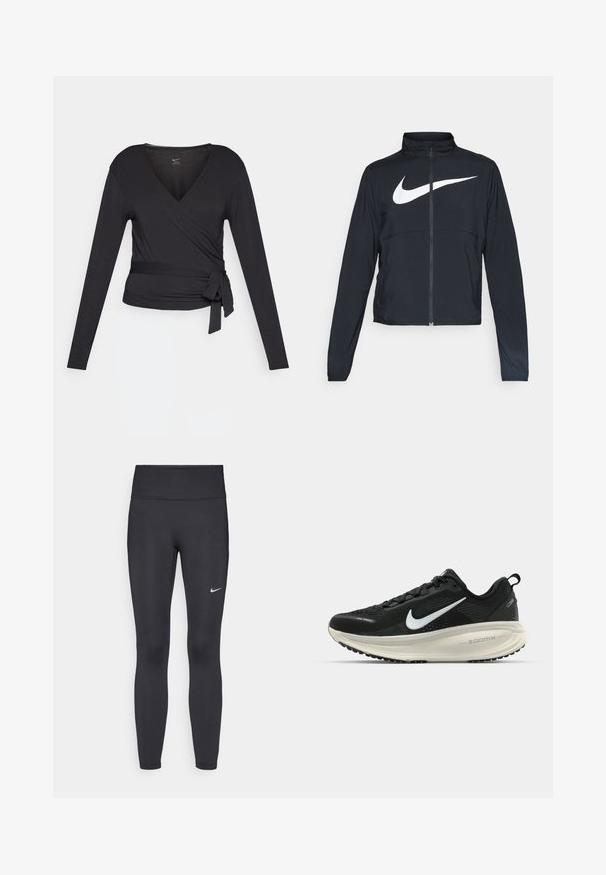 Svart joggebund med hel glidelås, høy krage, lange ermer og stort hvitt Nike swoosh-logo over brystet.; Svart langermet omslagstopp med V-hals, med en sideknute. Laget av myk, glatt stoff med en tettsittende silhuett.; Sorte leggings laget av elastisk stoff, med høy livlinje og en hvit Nike-logo på venstre lår. Glatt tekstur, kroppsnær passform.; Svart Nike løpesko med pustende mesh-overdel, hvit swoosh-logo, teksturert detaljer og en kremfarget ZoomX mellomsåle.