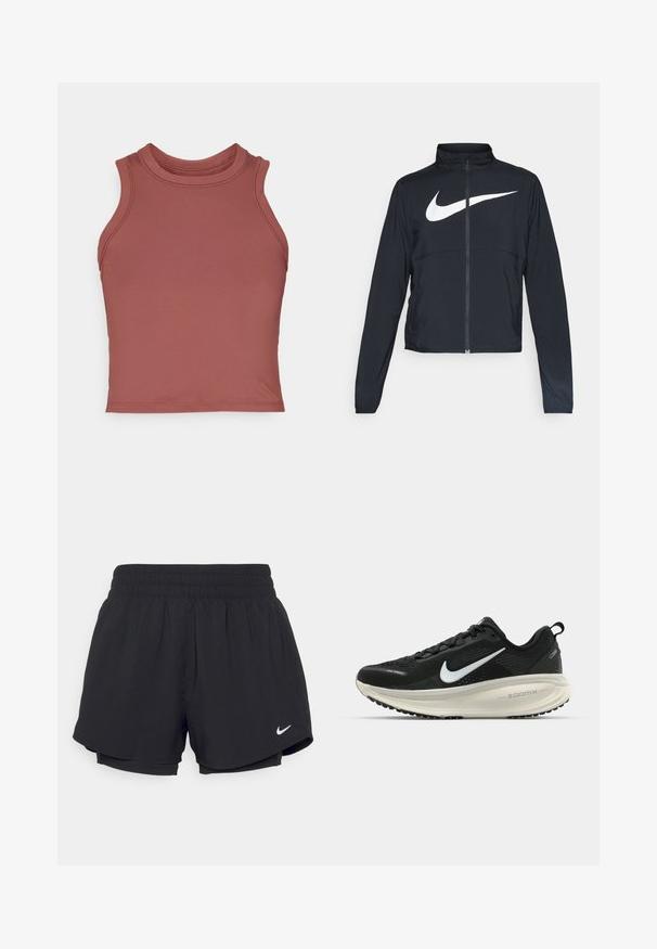 Czarna bluza sportowa na zamek błyskawiczny z wysokim kołnierzem, długimi rękawami i dużym białym logo Nike na klatce piersiowej.; Fioletowa bezrękawnikowa bluzka crop top wykonana z gładkiego, elastycznego materiału. Posiada wysoki dekolt i płaskie szwy, co nadaje minimalistyczny wygląd.; Czarne spodenki sportowe z marszczonym elastycznym pasem, wewnętrzną podszewką i białym logo Nike w dolnym lewym rogu. Gładki, lekki materiał.; Czarna biegowa półbut z oddychającej siateczki, białym logo swoosh, teksturowanymi detalami oraz kremową podeszwą środkową ZoomX.
