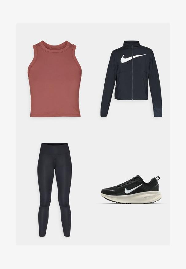 Crna sportska jakna s punim patentnim zatvaračem, visokim ovratnikom, dugim rukavima i velikim bijelim Nike swoosh logom preko grudi.; Mauve top bez rukava, napravljen od glatkog, rastezljivog materijala. Ima visoki ovratnik i ravne šavne za minimalistički dizajn.; Crne tajice izrađene od glatkog, rastezljivog materijala. Visok struk bez vidljivih uzoraka ili akcenta. Tjesno pristaju od struka do gležnjeva.; Crne Nike trkačke tenisice s prozračnom mrežastom gornjom konstrukcijom, bijelim swoosh logotipom, teksturiranim detaljima i kremastom ZoomX srednjom potplatnom jedinicom.