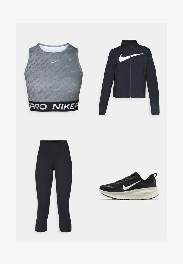 Černá sportovní bunda na zip s vysokým límcem, dlouhými rukávy a velkým bílým logem Nike swoosh přes prsa.; Šedá zkrácená sportovní podprsenka Nike Pro s elastickým černým páskem. Obsahuje vertikální pruhy a jemný vzor loga. Hladký povrch, bezrukávový design.; Černé zkrácené legíny vyrobené z pružné látky, s vysokým pasem a hladkou texturou, bez viditelných vzorů nebo kovových prvků.; Černá běžecká obuv Nike s prodyšným síťovaným svrškem, bílým logem swoosh, texturovanými detaily a krémovou mezipodešví ZoomX.