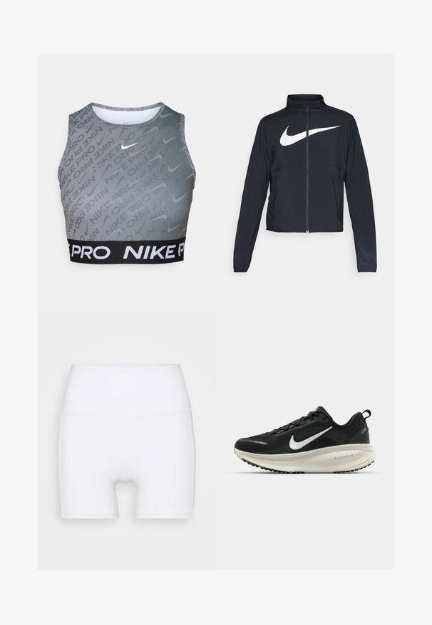 Melnā sporta jaka ar pilnu rāvējslēdzēju, augstu apkakli, garām piedurknēm un lielu baltu Nike swoosh logotipu krūšu daļā.; Nike Pro īsais sporta krūšturis pelēkā krāsā ar melnu elastīgu jostu. Iezīmē vertikālas svītras un smalku logotipa rakstu. Gluda tekstūra, bez piedurknēm.; Baltā krāsā augsto jostasvietu šorti, izgatavoti no elastīga auduma. Raksturīga gluda virsma un pieguļoša piegriezuma forma, bez papildu rakstiem vai detaļām.; Melnas Nike skriešanas kurpes ar elpojošu acs augšdaļu, baltu Swoosh logotipu, strukturētu apdari un krēmkrāsas ZoomX starpsole.