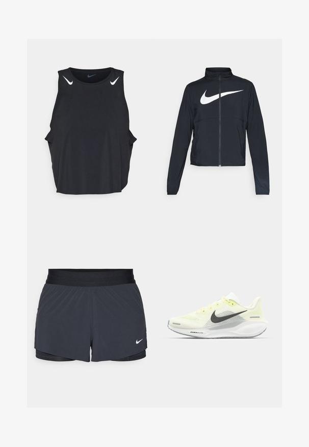 Black full-zip sports jacket with high collar, long sleeves, and large white Nike swoosh logo across the chest.; Black sleeveless athletic tank top with rounded neckline, side slits, and white Nike swoosh logos on shoulders. Smooth, lightweight fabric.; Black athletic shorts with an elastic waistband, featuring a layered design and a small white Nike logo on the lower left. Lightweight material.; Nike running shoes with a light yellow and white mesh upper, grey accents, and a flexible rubber sole. Features a lace-up closure.