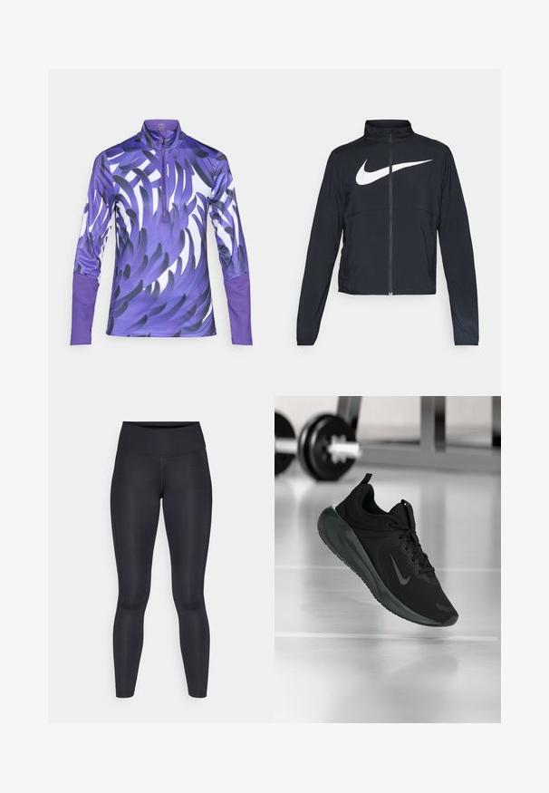 Μαύρο σπορ μπουφάν με πλήρη φερμουάρ, ψηλό λαιμό, μακριά μανίκια και μεγάλο λευκό logo Nike στον θώρακα.; Μακρυμάνικη κορυφαία απόδοση σε μωβ, με κολάρο που κλείνει με φερμουάρ. Το ύφασμα έχει γυαλιστερή επιφάνεια με δυναμικό μοτίβο φύλλου σε διάφορες αποχρώσεις του μωβ.; Μαύρες κολάν από λείο, ελαστικό ύφασμα. Ψηλός μέσος με καμία ορατή σχέδιο ή λεπτομέρειες. Κάνουν στενή εφαρμογή από τη μέση μέχρι τους αστραγάλους.; Μαύρο αθλητικό παπούτσι με λογότυπο Nike, απεικονιζόμενο στον αέρα πάνω σε γυμναστική επιφάνεια, με θολή βάση αλτήρων στο φόντο.
