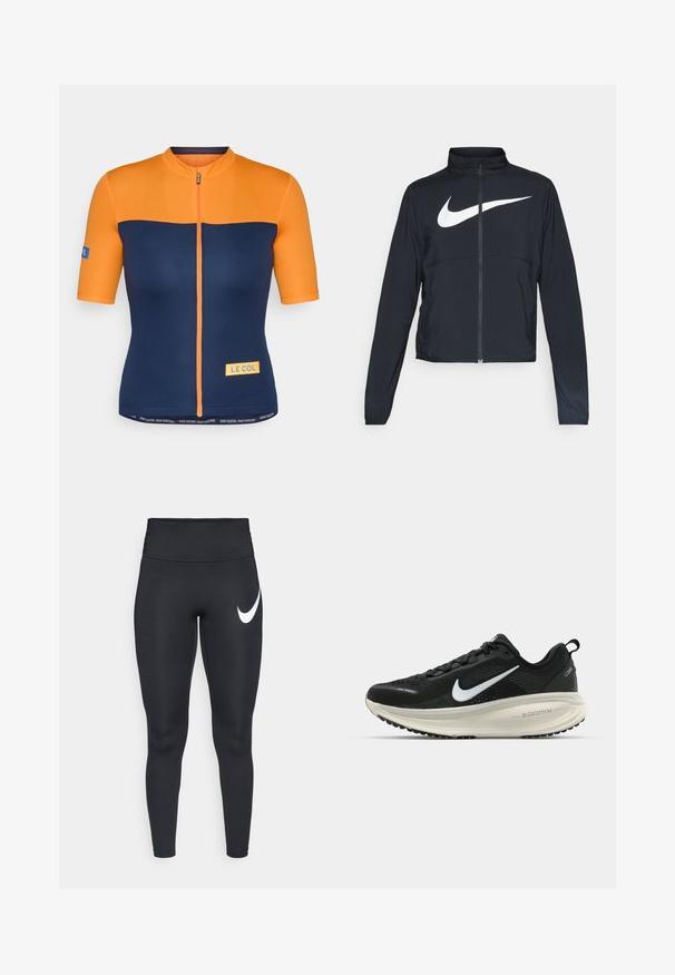 Black full-zip sports jacket with high collar, long sleeves, and large white Nike swoosh logo across the chest.; Short-sleeve cycling jersey in orange and navy blue, featuring a front zip, logo accents, and contrasting panels with a smooth texture.; Black high-waisted athletic leggings with a white Nike swoosh logo on the upper left thigh against a white background.; Black Nike running shoe with breathable mesh upper, white swoosh logo, textured detailing, and a cream-colored ZoomX midsole.