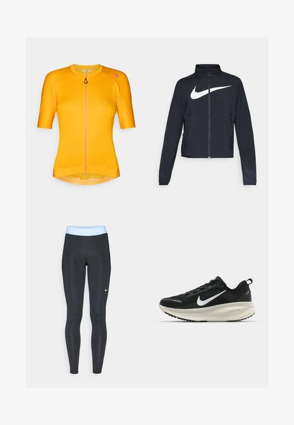 Čierna športová bunda na zips s vysokým golierom, dlhými rukávmi a veľkým bielym logom Nike na hrudi.; Cyklistický dres s krátkym rukávom v jasne žltej farbe, vyrobený z ľahkého materiálu s predným zipsom. Má zaoblený výstrih a štýlové akcenty.; Čierne športové legíny s svetlomodrým pásom, ktorý je zdobený textom "NIKE PRO"; hladká textura a priliehavý dizajn. Biele logo Nike na ľavej strane.; Čierne bežecké topánky Nike s priedušnou sieťovinou, bielym logom s symbolom swoosh, textúrovanými detailmi a krémovou ZoomX medzipodrážkou.