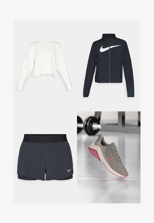 Crna sportska jakna s punim patentnim zatvaračem, visokim ovratnikom, dugim rukavima i velikim bijelim Nike swoosh logom preko grudi.; Bijela skraćena dukserica dugih rukava, s opuštenim krojem, rebrastim manžetama i malim logom na prsima. Mekana tkanina s glatkom teksturom.; Crne atletske kratke hlače s elastičnom stražnjicom, imaju slojeviti dizajn i mali bijeli Nike logo na donjoj lijevoj strani. Lagani materijal.; Siveće atletske cipele s ružičastim akcentima, s gornjim dijelom od mrežastog materijala, mekanom podlogom i dizajnom s okruglim nosom. Lako su i imaju teksturiranu završnu obradu.