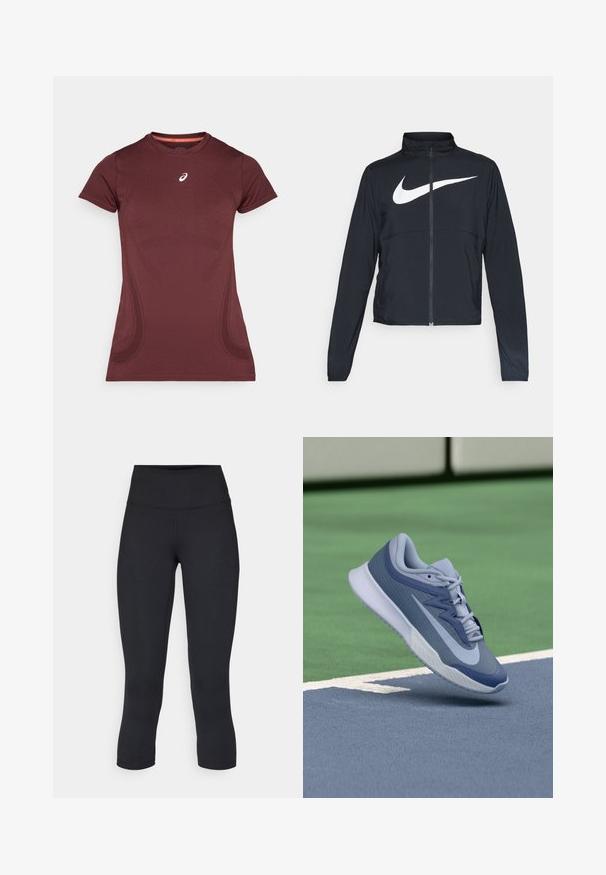 Melnā sporta jaka ar pilnu rāvējslēdzēju, augstu apkakli, garām piedurknēm un lielu baltu Nike swoosh logotipu krūšu daļā.; Burgundijas sporta t-krekls ar īsām piedurknēm, pieguļošs krokojums, mitrumizturīga auduma, un smalkiem izliekta dizaina akcentiem sānos.; Melnas apgrieztas legingi, izgatavoti no elastīga auduma, ar augstu jostasvietu un gludu tekstūru, bez redzamām rakstu vai aksesuāriem.; Sporta apavi gaiši zilā un tumši zilā krāsā, ar strukturētu augšējo daļu, plakanu šņoru un vieglu balto zoli. Novietoti virs laukuma virsmas.