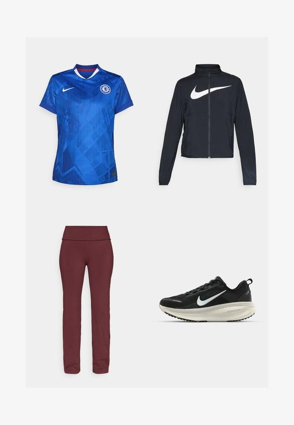 Giacca sportiva nera con zip completa, colletto alto, maniche lunghe e grande logo swoosh bianco Nike sul petto.; Maglia da football Nike blu con un motivo geometrico, colletto a V con accenti rossi e logo del Chelsea FC ricamato sul petto.; Leggings bordeaux con una ampia cintura piegata, gambe affusolate e un tessuto liscio ed elastico adatto per l'abbigliamento sportivo.; Scarpa da corsa nera Nike con tomaia in rete traspirante, logo Swoosh bianco, dettagli testurizzati e intersuola ZoomX di colore crema.