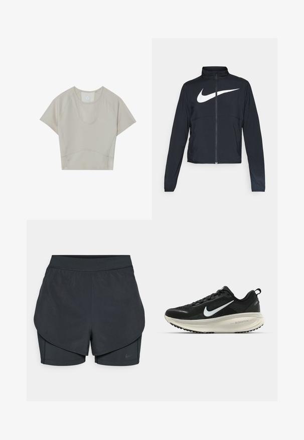 Črna športna jakna z polnim zadrgo, visokim ovratnikom, dolgimi rokavi in velikim belim logotipom Nike swoosh čez prsi.; Bež majica s kratkimi rokavi športnega kroja s krožnim ovratnikom in šivi. Narejena iz lahkega, raztegljivega materiala za udobje.; Črne atletske kratke hlače z večplastnim dizajnom, ki vključuje gladko zunanjo plast in prilegnjene notranje kratke hlače. Narejene so iz lahkega, elastičnega materiala.; Črne Nike tekaške čevlje z zračno mrežno zgornjim delom, belim logotipom Swoosh, teksturiranimi detajli in smetanasto barvnim srednjim delom ZoomX.