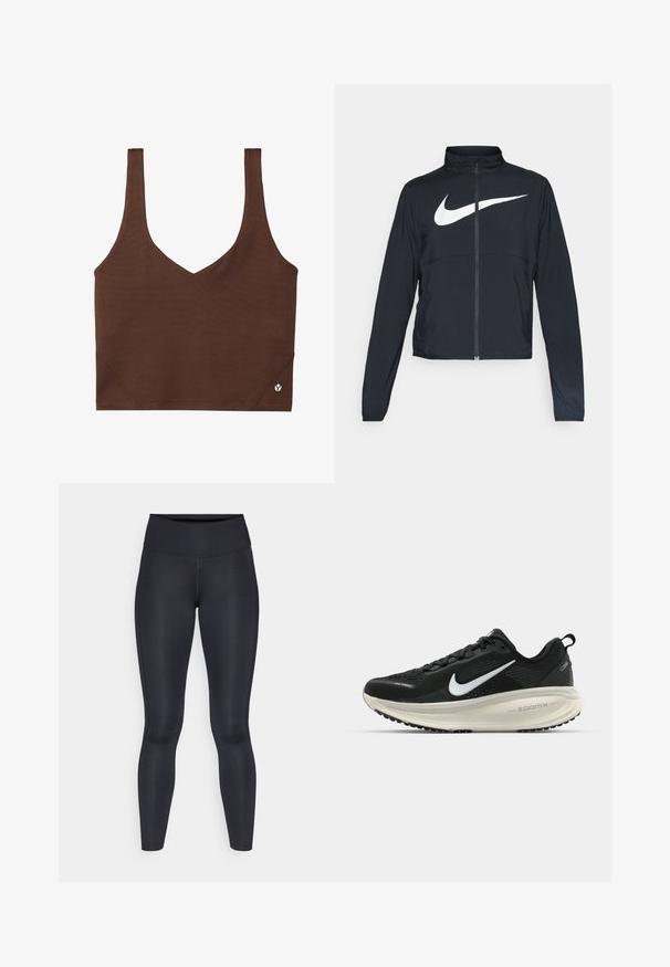 Sort fuld-zip sportsjakke med høj krave, lange ærmer og stort hvidt Nike swoosh-logo på brystet.; Brun sportstop med V-halsdesign, lavet af glat, strækbart stof. Den har brede stropper og en lille logoaccent ved kanten.; Sorte leggings lavet af glat, strækbart stof. Høj talje uden synlige mønstre eller accenter. Sidder tæt fra talje til ankler.; Sort Nike løbesko med åndbart mesh-overdel, hvidt swoosh-logo, tekstureret detaljering og en cremede ZoomX mellemsål.