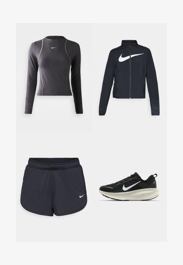 Black full-zip sports jacket with high collar, long sleeves, and large white Nike swoosh logo across the chest.; Long-sleeve athletic top in dark gray, made of stretchy fabric, featuring a rounded neckline and contrasting stitching. Nike logo on the chest.; Black athletic shorts made of lightweight, breathable fabric. Features an elastic waistband and white Nike logo on the lower right side.; Black Nike running shoe with breathable mesh upper, white swoosh logo, textured detailing, and a cream-colored ZoomX midsole.