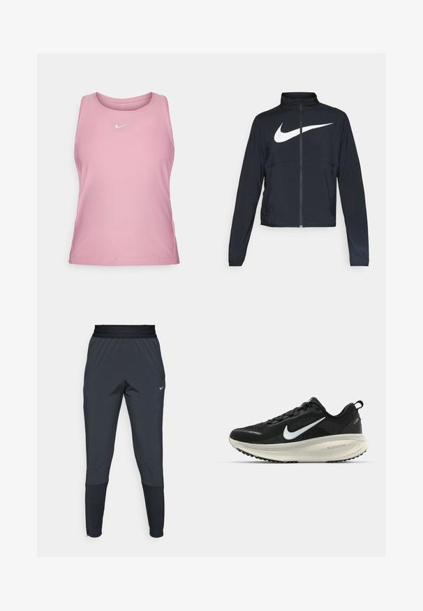 Juodas sportinis džemperis su visiškai užtraukiama užtrauktuku, aukšta apykakle, ilgomis rankovėmis ir dideliu baltu Nike swoosh logotipu per krūtinę.; Nike Performance VICTORY TANK - Viršus - elemental pink/white; Nike sportiniai džinsai tamsiai pilkos spalvos, su siaurėjančio kirpimo dizainu, elastinga juosmens juosta ir akcentu detalėmis prie rankovių.; Juodas Nike sportinis batelis su kvėpuojančiu tinklu, baltu swoosh logotipu, tekstūruoto dizaino detalėmis ir grietinėlės spalvos ZoomX viduriu.