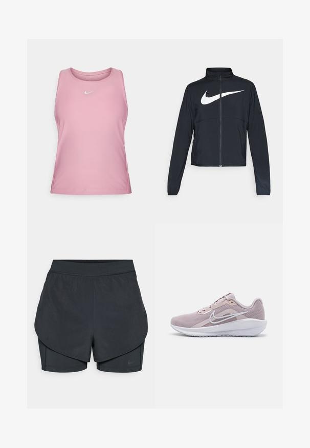 Melnā sporta jaka ar pilnu rāvējslēdzēju, augstu apkakli, garām piedurknēm un lielu baltu Nike swoosh logotipu krūšu daļā.; Nike Performance TANK - Tops - elemental pink/white; Melnas sporta šortus ar slāņotu dizainu, kas ietver gludu ārējo slāni un pieguļošus iekšējos šortus. Izgatavoti no viegla, elastīga auduma.; Gaiši rozā sporta apavu ar elpojošu mežģīņu augšdaļu, baltām akcentiem, mīkstu apkaklīti un strukturētu gumijas zoli labākai saķerei.