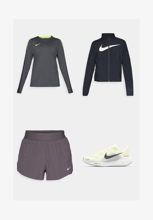 Zwarte sportjas met volledige rits, hoge kraag, lange mouwen en groot wit Nike swoosh-logo op de borst.; Langsleeve sportshirt in donkergrijs met neon groene accenten op de schouders. Gemaakt van lichtgewicht, ademend materiaal, met een ronde hals.; Nike hardloopshorts in donkergrijs, met een brede elastische tailleband, lichtgewicht stof, zijzakken en een subtiel logo in het wit.; Nike hardloopschoenen met een lichtgele en witte mesh bovenkant, grijze accenten en een flexibele rubberen zool. Voorzien van een vetersluiting.