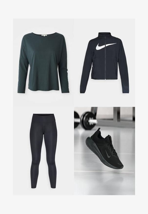 Melnā sporta jaka ar pilnu rāvējslēdzēju, augstu apkakli, garām piedurknēm un lielu baltu Nike swoosh logotipu krūšu daļā.; Tumši zila ilgu piedurkņu brīvā piegriezuma krekls ar buru veida dekoltē uz baltā fona, izmērs mazs, mīksts un viegls audums.; Melnas legingi, izgatavoti no gludas, elastīgas auduma. Augsts jostasvieta bez redzamām rakstiem vai akcentiem. Cieši pieguļ no jostas līdz potītēm.; Melnas sporta kedas ar Nike logo, rādot gaisā uz sporta zāles grīdas, ar izplūdušu hantelēm fona.