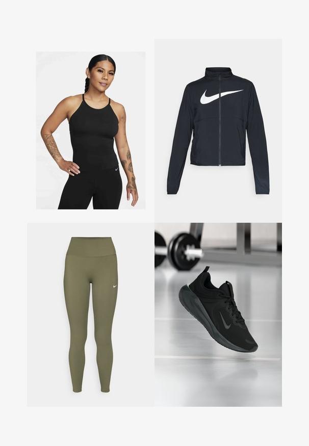 Black full-zip sports jacket with high collar, long sleeves, and large white Nike swoosh logo across the chest.; Black athletic tank top with a high neckline and thin straps. The fabric is smooth with a fitted design, paired with matching leggings.; Olive green leggings with a high waistband, crafted from smooth, stretchy material, featuring a small white logo near the waistband.; Black sports sneaker with Nike logo, shown mid-air on gym floor, with blurred dumbbell rack in background.