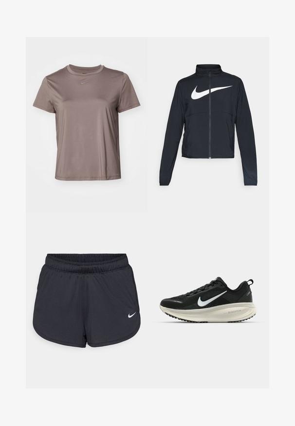 Chaqueta deportiva negra de cremallera completa con cuello alto, mangas largas y gran logo de Nike en blanco en el pecho.; Camiseta atlética gris hecha de una tela suave y que absorbe la humedad. Cuenta con cuello redondo y pequeño logo negro de Nike en el frente. Mangas cortas, ajuste regular.; Pantalones cortos deportivos negros hechos de un tejido ligero y transpirable. Cuentan con una cintura elástica y el logotipo blanco de Nike en la parte inferior derecha.; Zapatilla de running Nike negra con parte superior de malla transpirable, logo Swoosh blanco, detalles texturizados y una entresuela ZoomX de color crema.