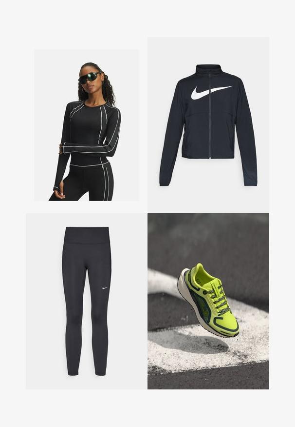 Čierna športová bunda na zips s vysokým golierom, dlhými rukávmi a veľkým bielym logom Nike na hrudi.; Čierny dlhý rukáv športový top s bielymi ozdobnými švami a sieťovými panelmi, skombinovaný s čiernymi legínami a futuristickými čiernymi slnečnými okuliarmi.; Čierne legíny z elastického materiálu, s vysokým pásom a bielym logom Nike na ľavom stehne. Hladká textúra, priliehavý dizajn.; Neon žltá bežecká obuv s priedušným sieťovým zvrškom, kontrastnými tmavými akcentmi, texturovanými šnúrkami a polstrovanou bielou medzipodrážkou.