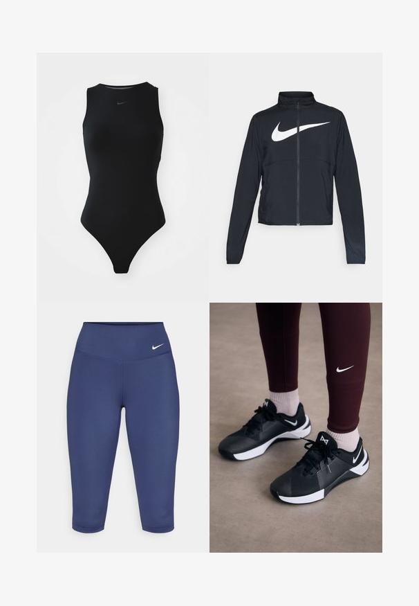 Casaco desportivo preto com fecho éclair completo, gola alta, mangas longas e grande logótipo branco da Nike na parte frontal.; Maiô preto sem mangas com um design elegante, gola alta e logótipo da Nike no peito. Feito de um tecido liso e elástico.; Leggings capri azul marinho feitos de tecido elástico, com uma cintura larga e um pequeno logo branco no lado esquerdo. Sem costuras visíveis.; Ténis atléticos pretos com um upper texturizado e detalhes brancos, apresentando atacadores e um logo lateral. Usados com leggings cor-de-vinho e meias claras.