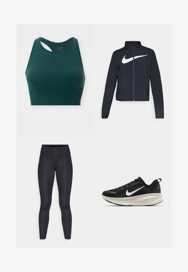 Melnā sporta jaka ar pilnu rāvējslēdzēju, augstu apkakli, garām piedurknēm un lielu baltu Nike swoosh logotipu krūšu daļā.; Emerald zaļš sporta krūšturis ar ribotu tekstūru, ar racerback dizainu un izgriezumu apkaklē, lai nodrošinātu elpojamību.; Melnas legingi, izgatavoti no gludas, elastīgas auduma. Augsts jostasvieta bez redzamām rakstiem vai akcentiem. Cieši pieguļ no jostas līdz potītēm.; Melnas Nike skriešanas kurpes ar elpojošu acs augšdaļu, baltu Swoosh logotipu, strukturētu apdari un krēmkrāsas ZoomX starpsole.