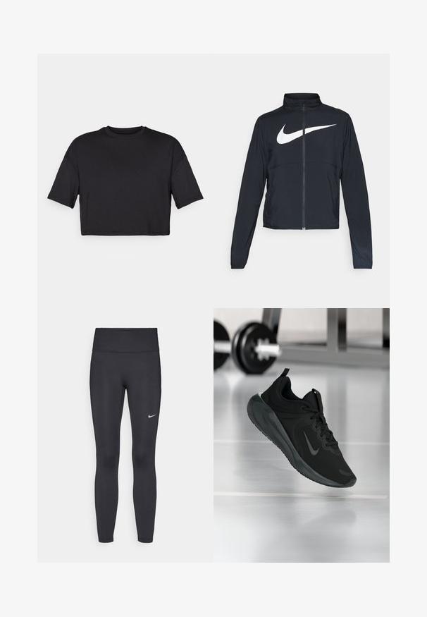 Čierna športová bunda na zips s vysokým golierom, dlhými rukávmi a veľkým bielym logom Nike na hrudi.; Čierny crop top vyrobený z mäkkej tkaniny, s okrúhlym výstrihom a krátkymi, širokými rukávmi, s jednoduchým, bezšvovým dizajnom.; Čierne legíny z elastického materiálu, s vysokým pásom a bielym logom Nike na ľavom stehne. Hladká textúra, priliehavý dizajn.; Čierne športové tenisky s logom Nike, zobrazené vo vzduchu na podlahe telocvične, s rozmazaným regálom činkami v pozadí.